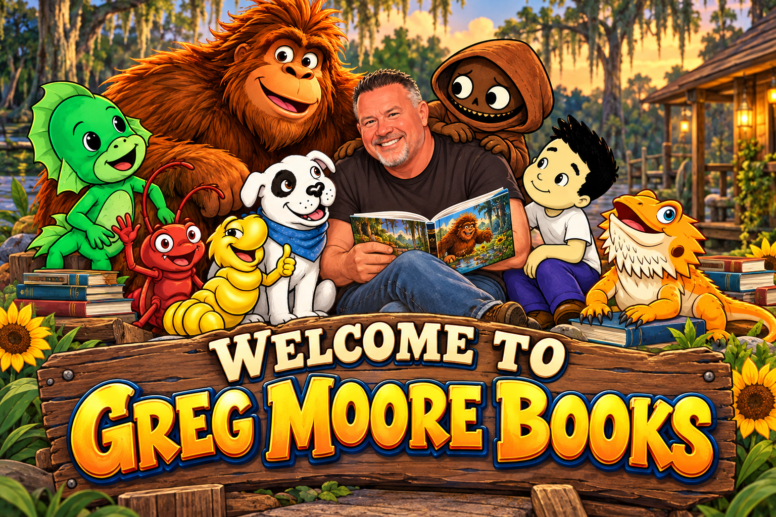 Greg Moore reading with Boggy and a gathering of cheerful storybook characters beside a swamp cabin. Welcome to Greg Moore Books.